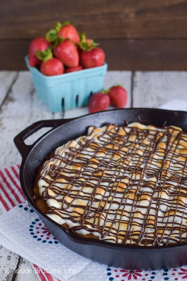 Strawberry s'mores adds a fun flavor to this easy skillet cookie.
