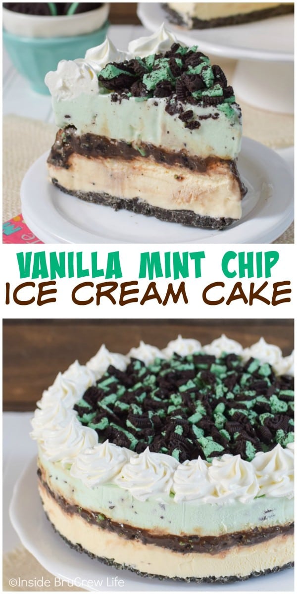 Two pictures of vanilla mint chip ice cream cake collaged together with a white text box
