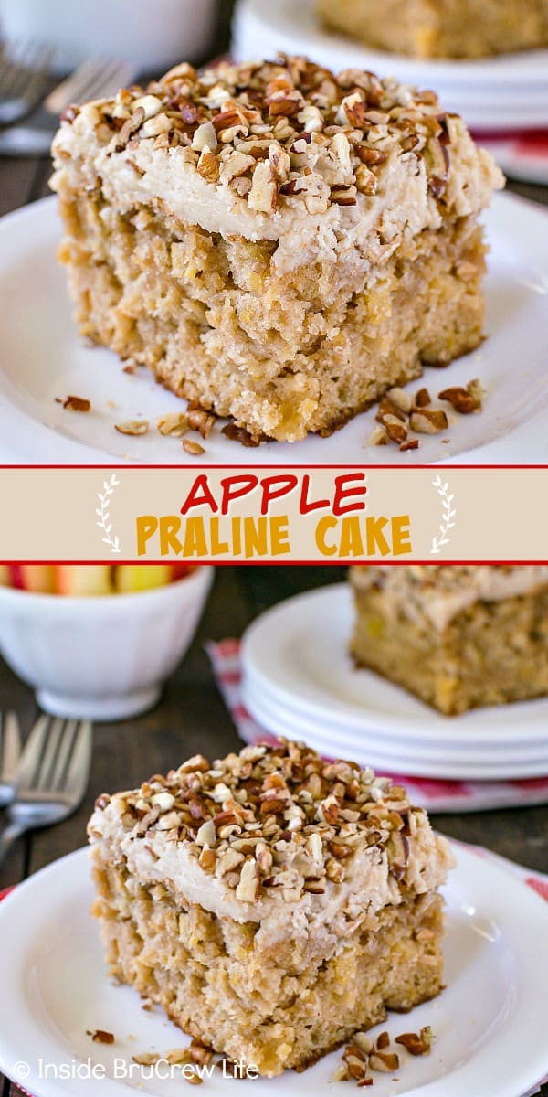 Two pictures of apple praline cake collaged together with a tan text box