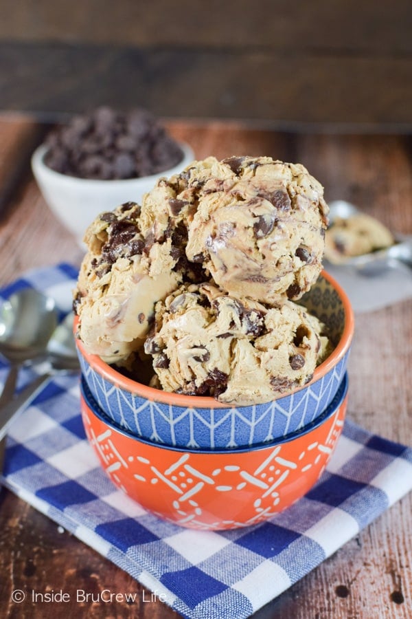 Swirls of brownie batter and chocolate chips give this easy no churn coffee ice cream a fun twist.