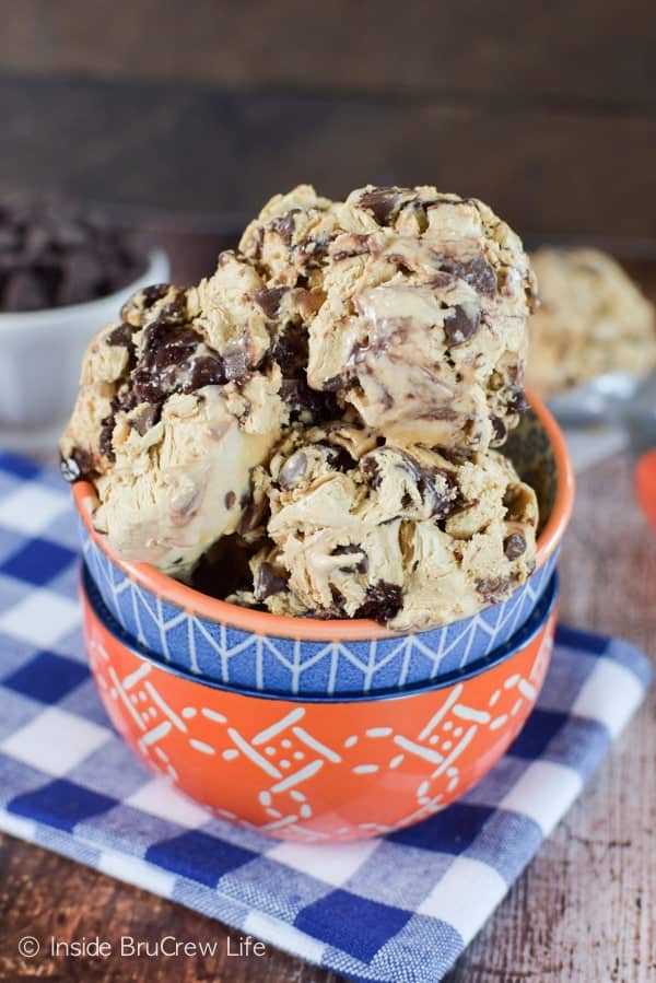 Swirls of brownie batter make this no churn coffee chocolate chip ice cream a fun and delicious treat any time of year!