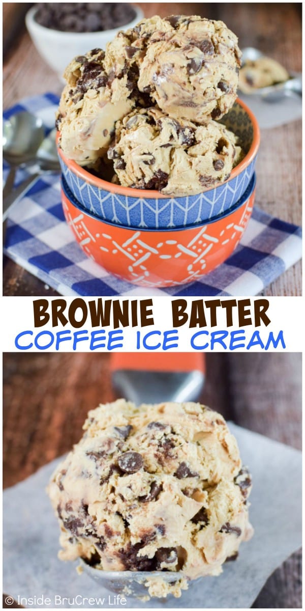 Swirls of brownie batter make this no churn coffee chocolate chip ice cream a fun and delicious treat any time of year!