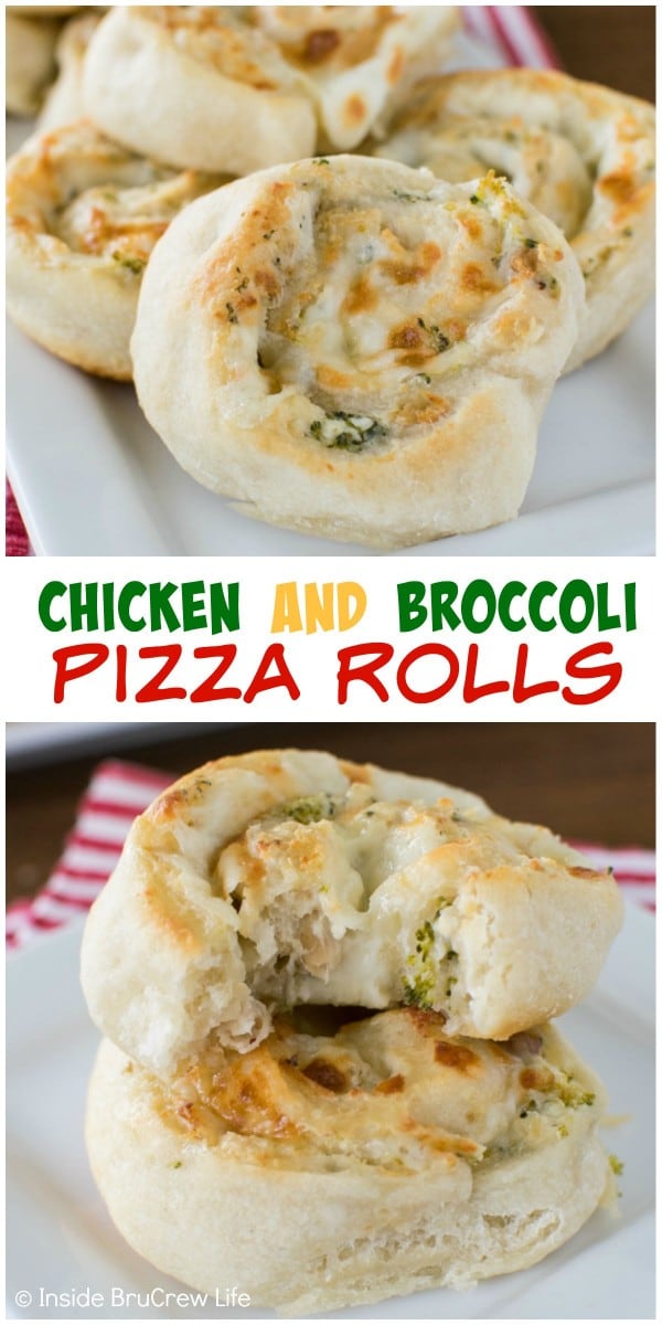 Three kinds of cheese, chicken, and broccoli wrapped in pizza crust makes a fun and delicious meal or snack.