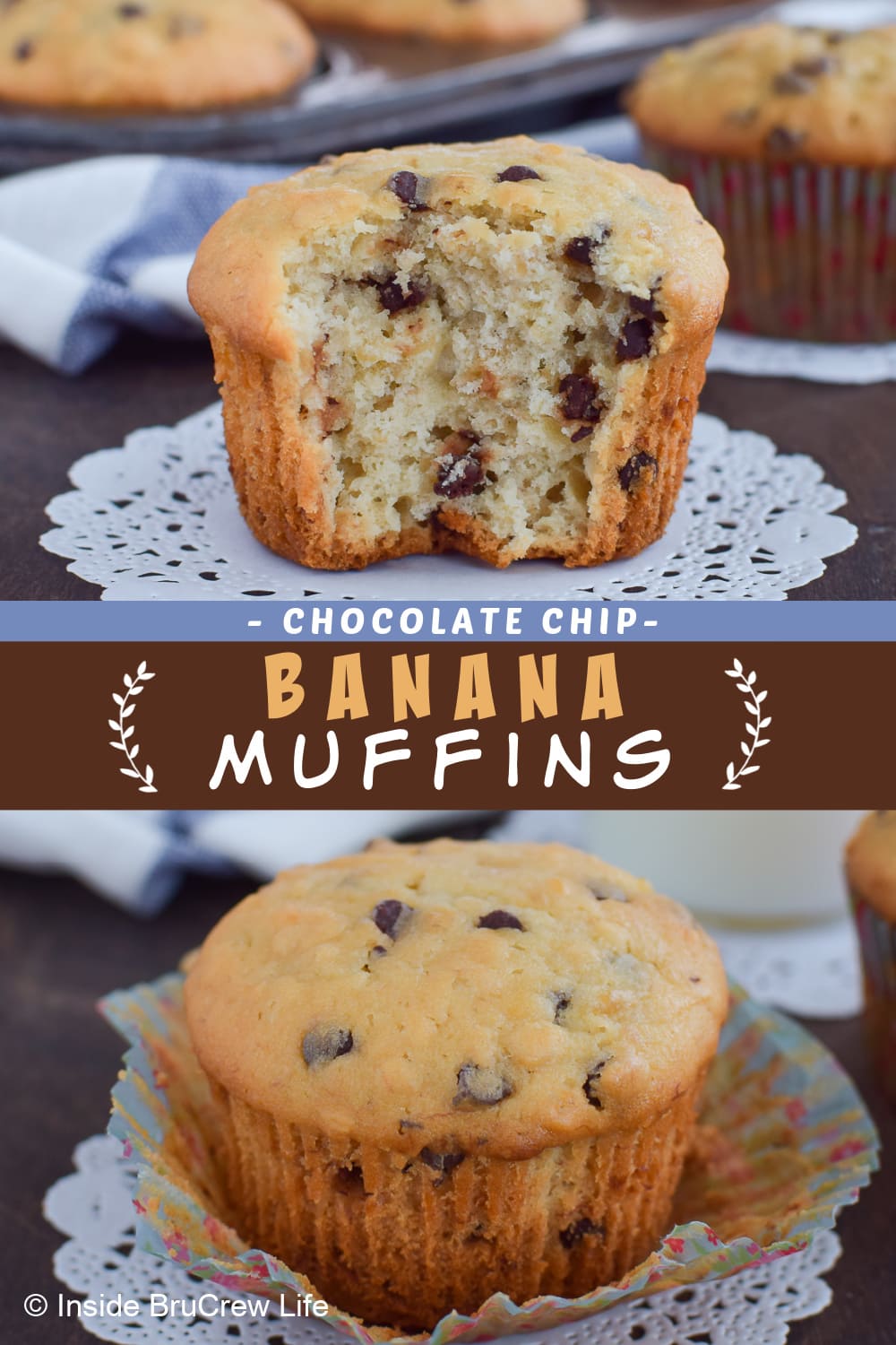 Two pictures of banana muffins collaged together with a brown text box.