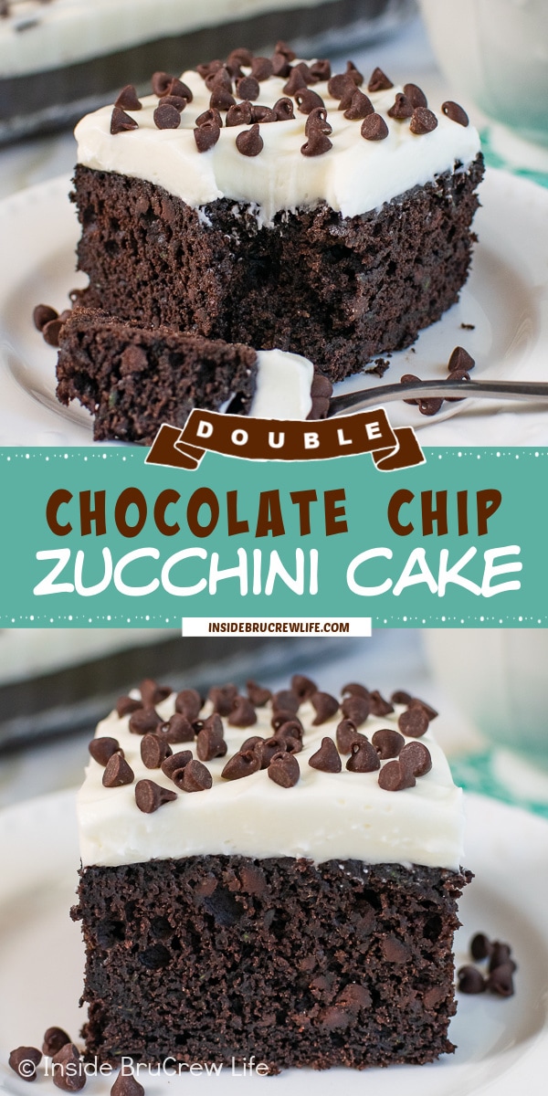 Two pictures of chocolate chip zucchini cake collaged together with a green text box.