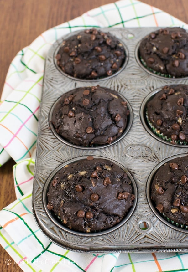 Shredded zucchini and chocolate chips give these chocolate muffins a fun twist!