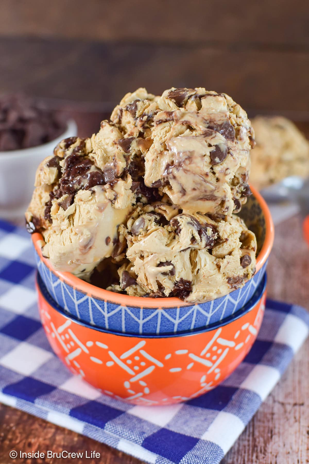 Scoops of coffee infused brownie batter ice cream in a bowl.