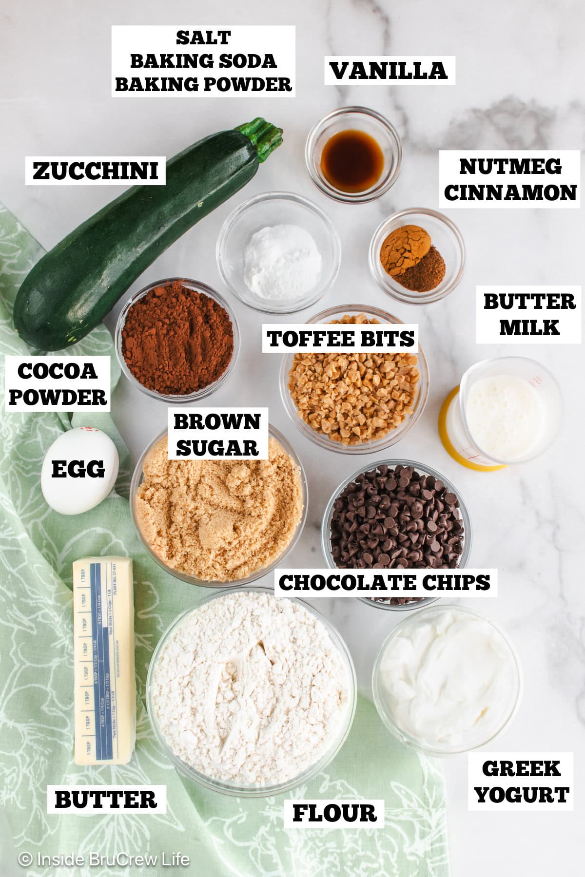 A white board with ingredients needed to make chocolate zucchini muffins.