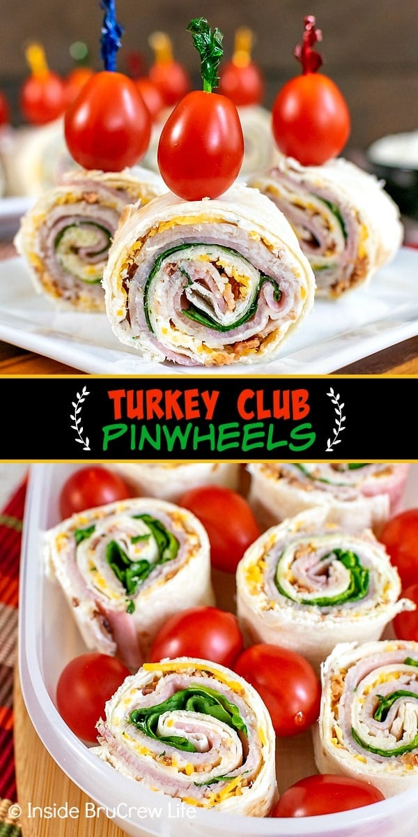 Two pictures of Turkey Club Pinwheels collaged together with a black text box