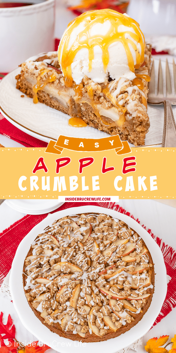Two pictures of Apple Crumble Cake collaged together with a yellow text box.