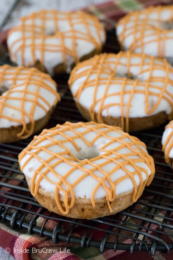 Cake mix donuts get a fun fall flair when apples and butterscotch is added into the mix. Great for fall breakfast!