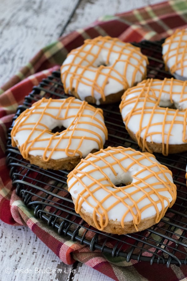 These easy baked cake donuts are full of apple and butterscotch. Perfect fall treat!