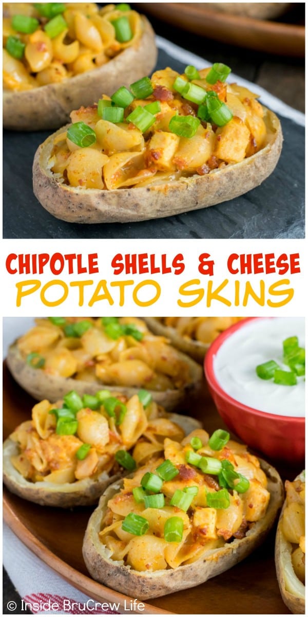 2 pictures of potato skin appetizers separated by a text box.