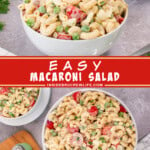 Two pictures of macaroni salad collaged with a red text box.