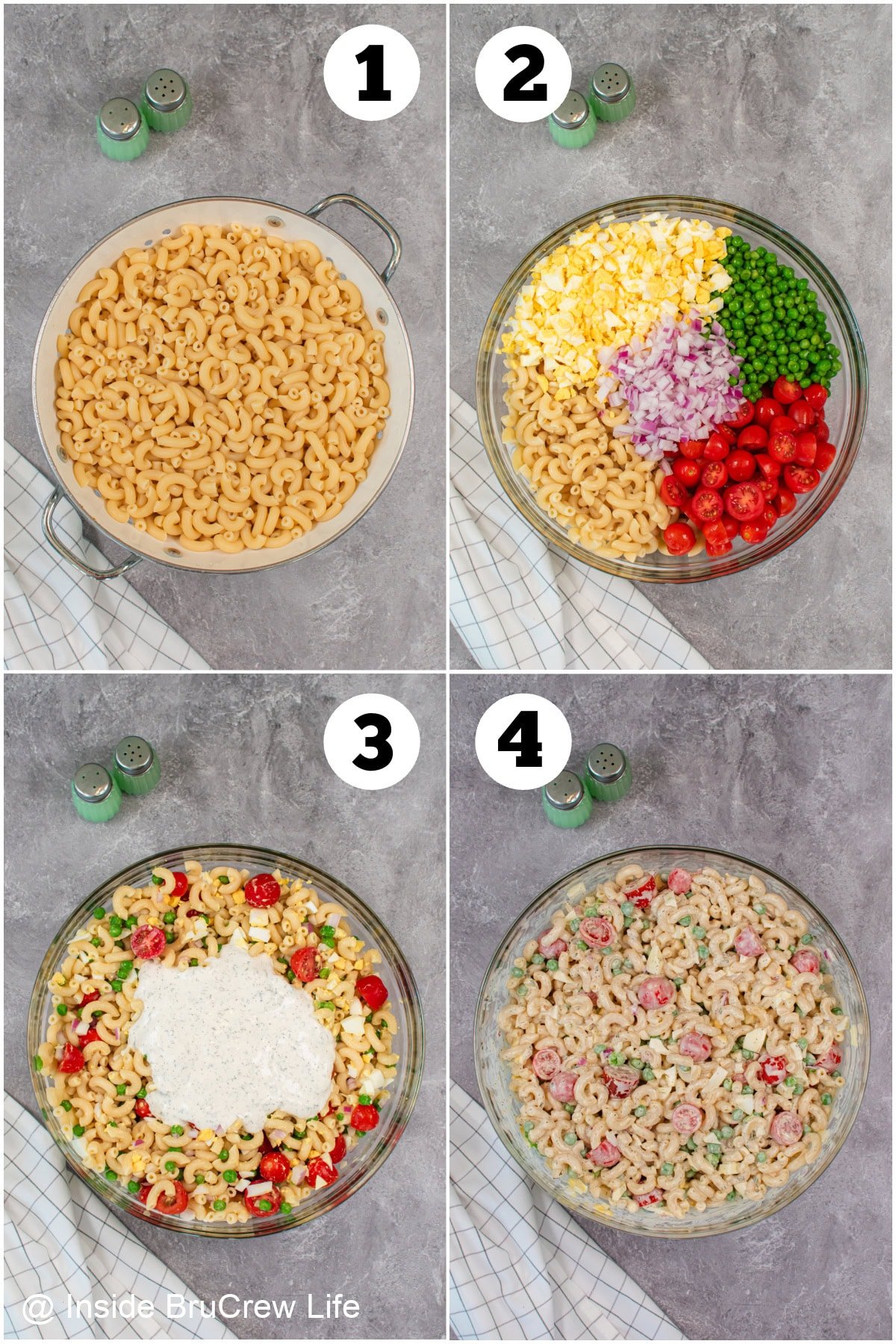 Four pictures collaged together showing how to make pasta salad.