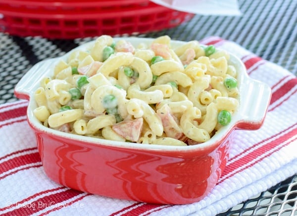 This easy macaroni salad is full of veggies and coated in Ranch dressing. Perfect picnic food!