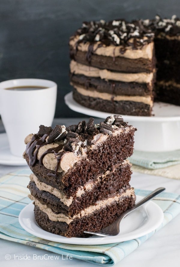 A white plate with a slice of mississippi mudslide cake on it and the rest of the cake behind it