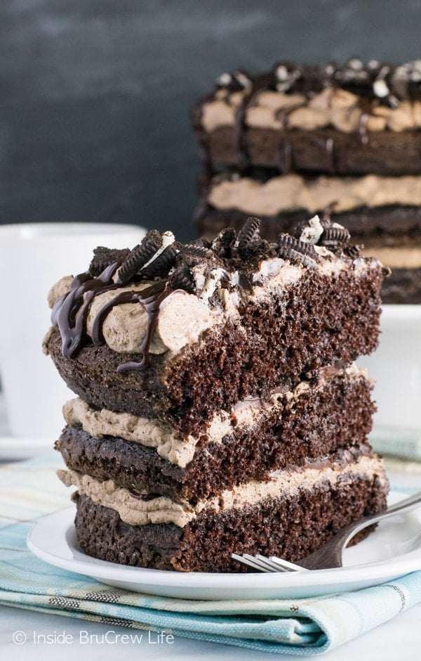 A white plate with a slice of mississippi mudslide cake with the rest of the cake behind it