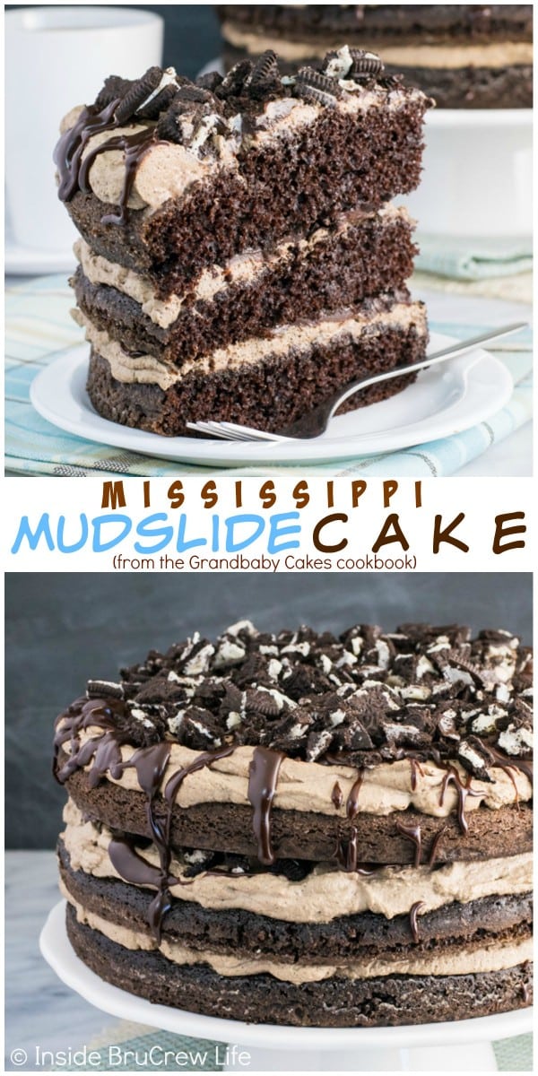 Two pictures of Mississippi Mudslide Cake collaged together with a white text box