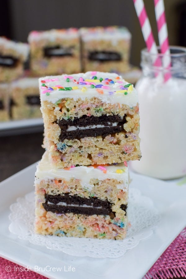 Sprinkles and Oreo cookies make these stuffed rice krispie treats an amazing treat.