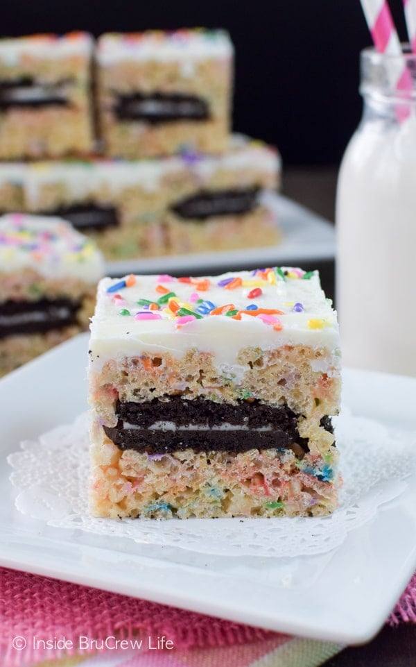 Stuffing sprinkles and Oreo cookies into these rice krispie treats makes them a seriously fun snack!