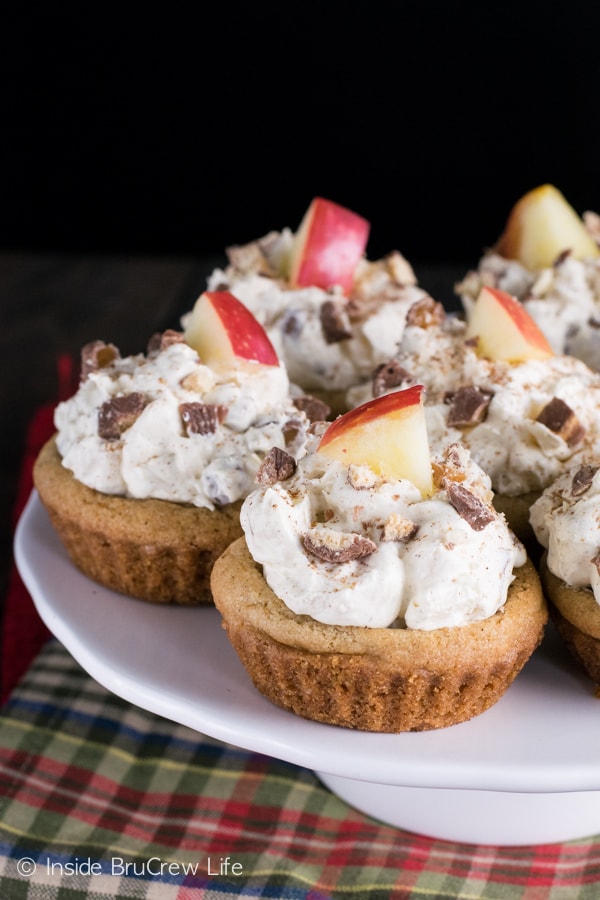 Apples and candy bars in a creamy pudding makes a great filling for homemade cookie cups!