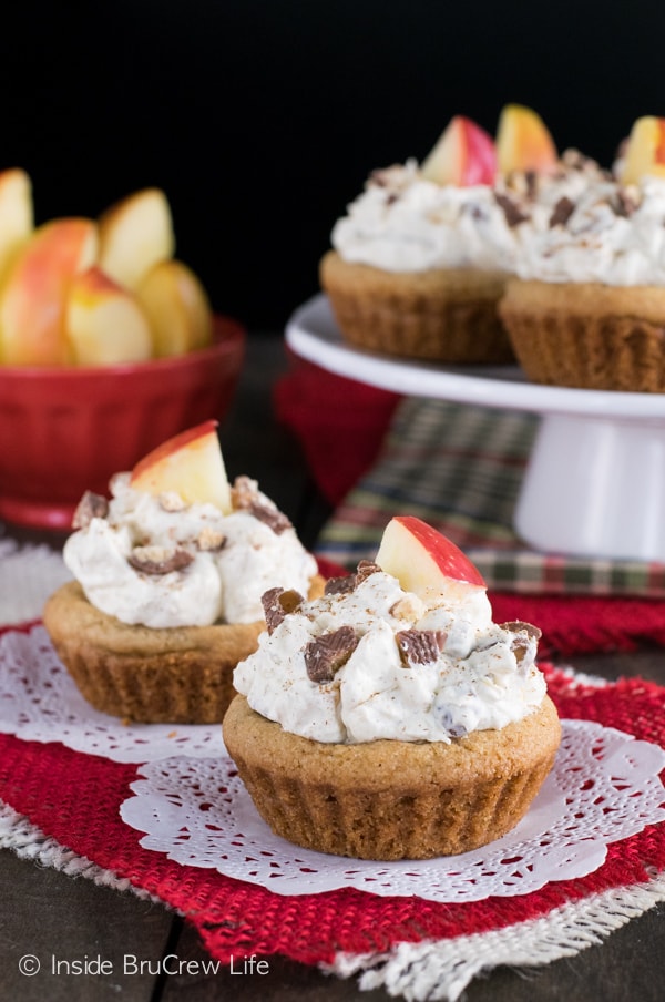 Cookie cups filled with a creamy apple and candy bar topping is the best fall treat!