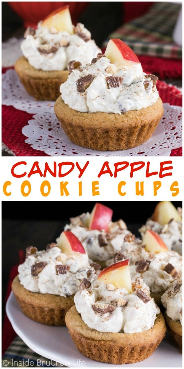 Apples and candy bar pudding in a homemade cookie cup makes the best fall snack.