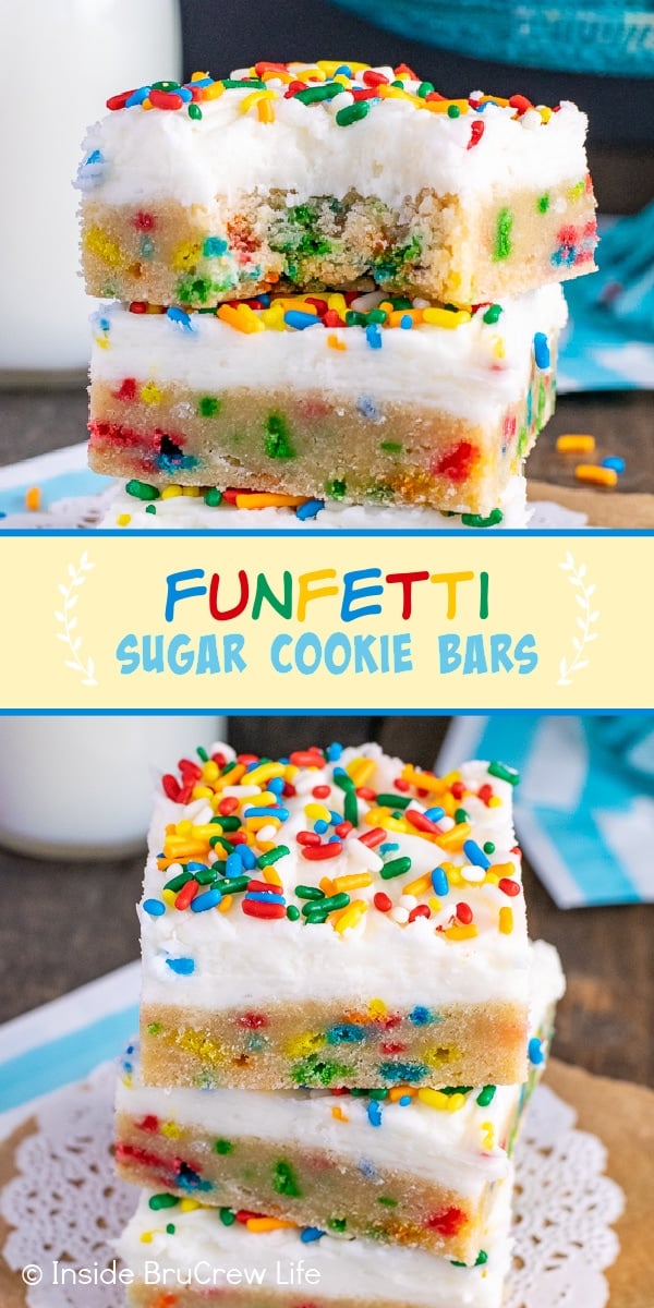 Two pictures of Funfetti Sugar Cookie Bars collaged together with a light yellow text box