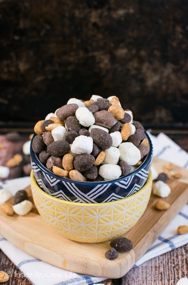 This easy trail mix is full of chocolate covered peanuts and marshmallows. It has a fun hot cocoa twist!