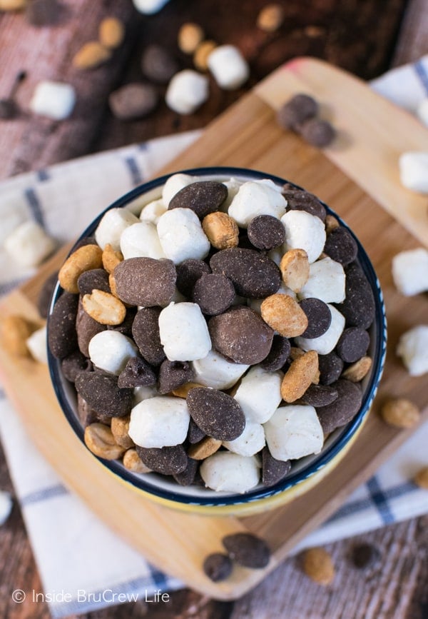 Mixing chocolate covered marshmallows and peanuts with other nuts makes a fun trail mix.