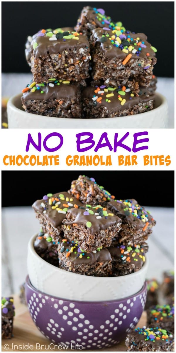 Two pictures of no bake chocolate granola bar bites collaged together with a white text box