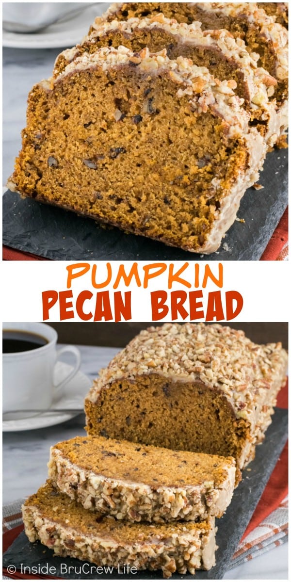 Pumpkin Pecan Bread - this easy pumpkin bread is loaded with pecans and topped with a sweet praline glaze. Make this easy recipe for breakfast or snacks this fall.