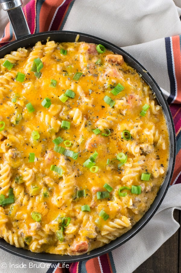 Cheesy pasta with plenty of meat and veggies makes a great dinner for busy nights.