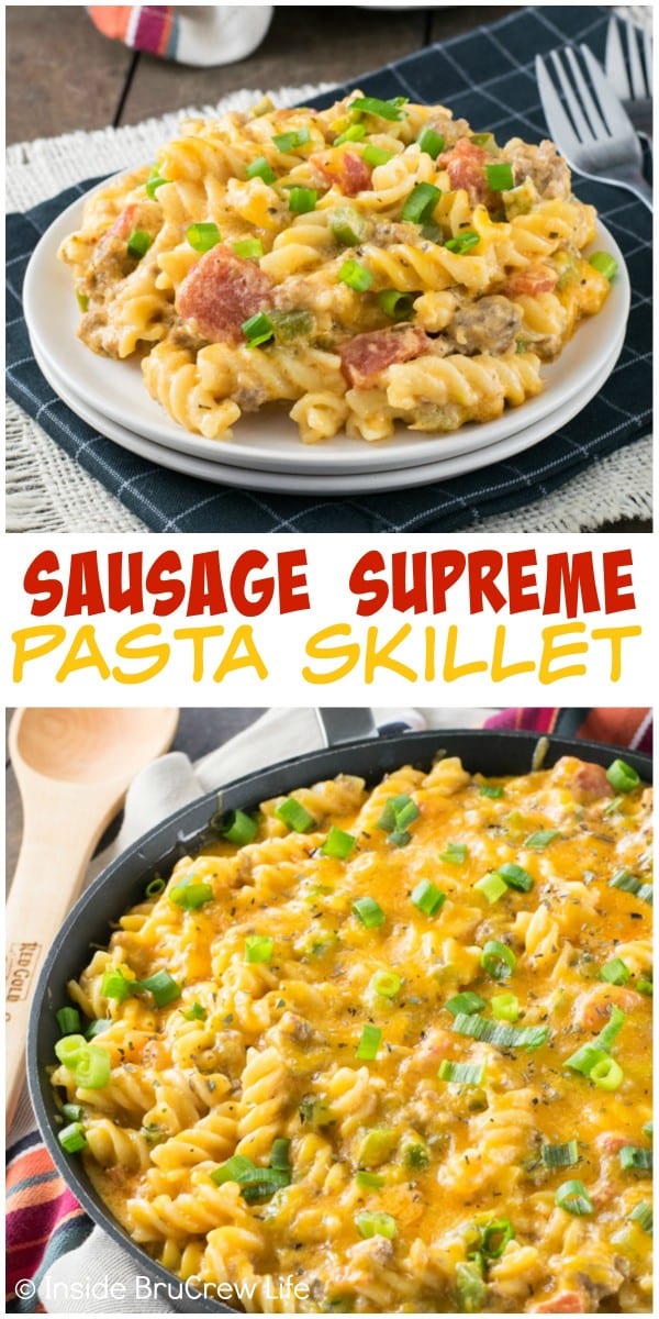 Pasta, sausage, and veggies covered in cheese makes a delicious dinner that your family will enjoy!
