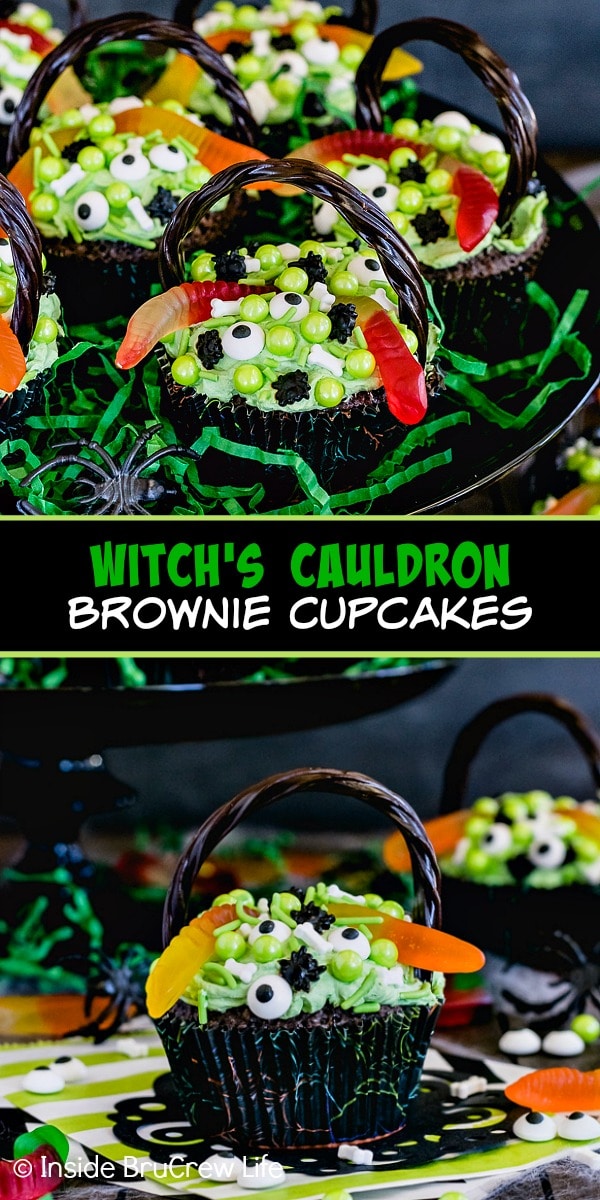 Two pictures of Witch's Cauldron Cupcakes collaged together with a black text box