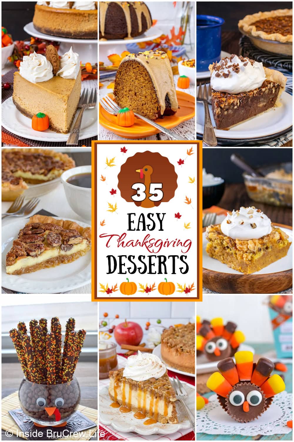 A collage of 8 thanksgiving desserts with a white text box.