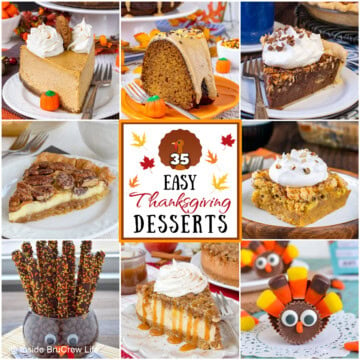 A collage of 8 thanksgiving desserts with a white text box.