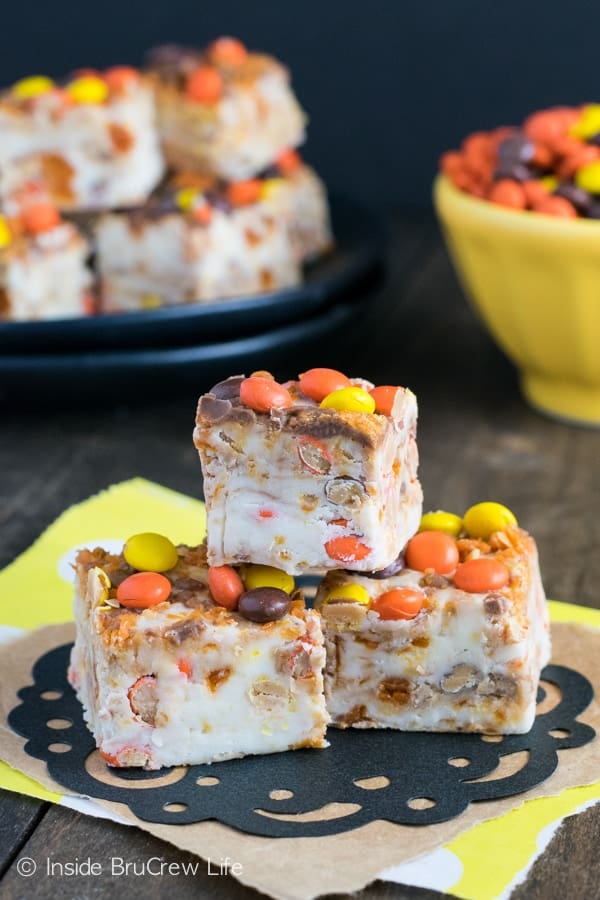 This easy white chocolate fudge is loaded with Butterfinger bars and Reese's Pieces. It's a great holiday treat!