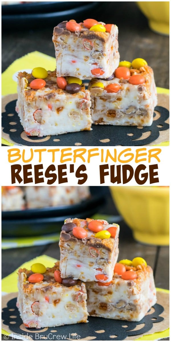 This white chocolate fudge is a great way to use up those extra Butterfinger bars and Reese's Pieces. It's a great gift idea for the holidays!
