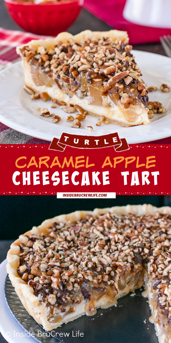 Two pictures of a Caramel Apple Tart collaged together with a red text box.