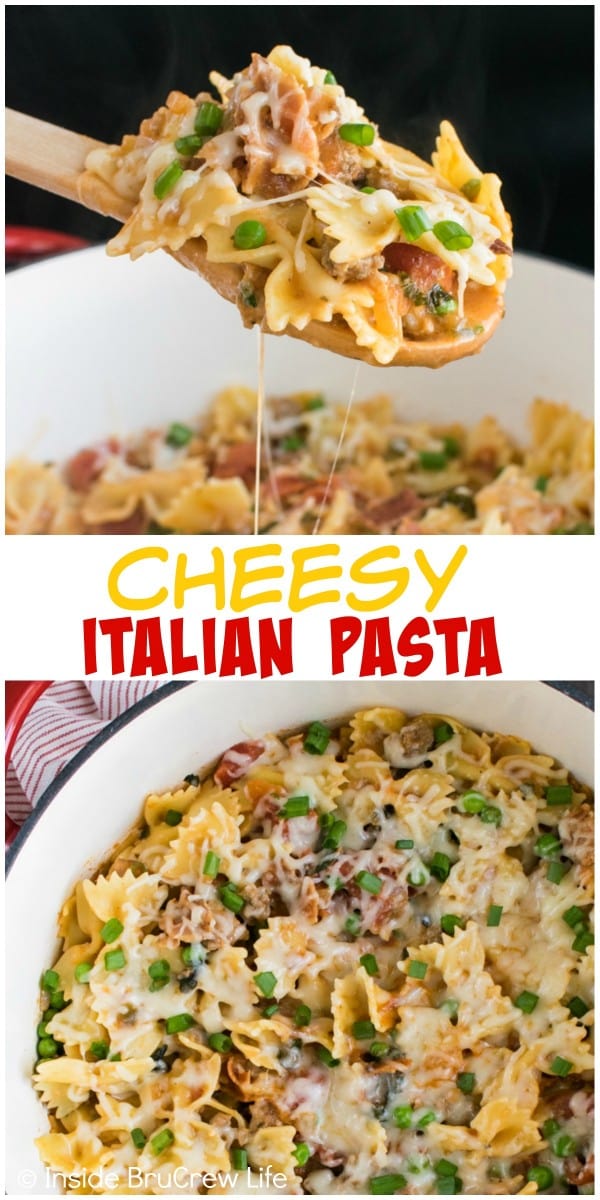 This Cheesy Italian Pasta has plenty of meats and vegetables in it. Cheesy pasta always gets thumbs up!