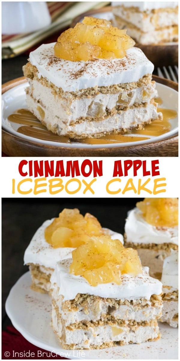 Two pictures of Cinnamon Apple Icebox Cake collaged together with a white text box