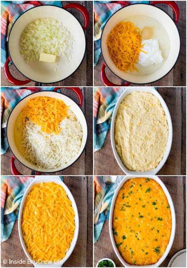 Six pictures collaged together showing the steps to making a cheesy hashbrown casserole recipe.