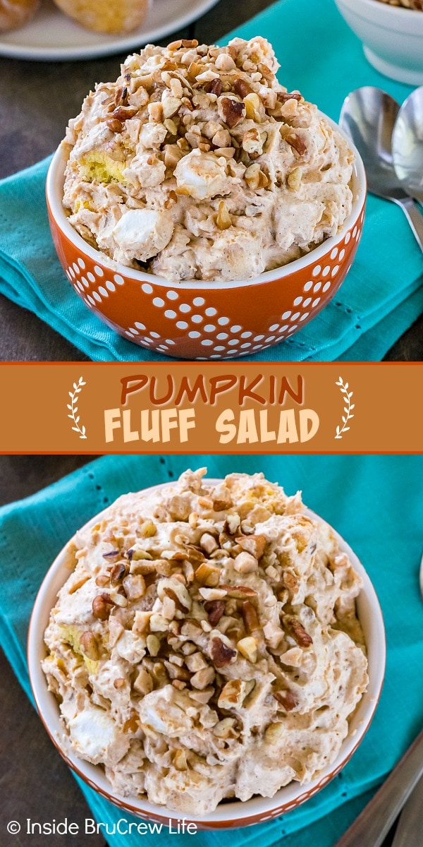 Two pictures of Pumpkin Fluff Salad collaged together with an orange text box