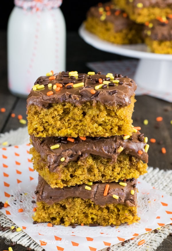 Soft fluffy oatmeal pumpkin bars with a dreamy Nutella glaze are great for holiday dessert tables.