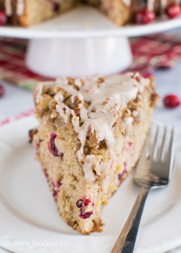 Apples and cranberries work together with crumble and glaze to add texture and flavor to this breakfast coffee cake.