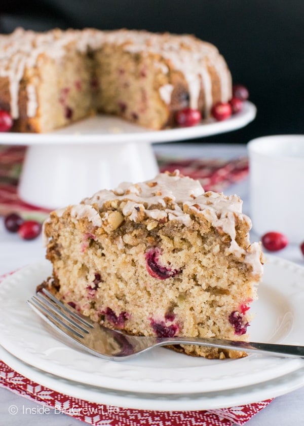 Crumble topping with glaze adds a fun texture to this Apple Cranberry Coffee Cake. It is a great breakfast cake for busy mornings. 