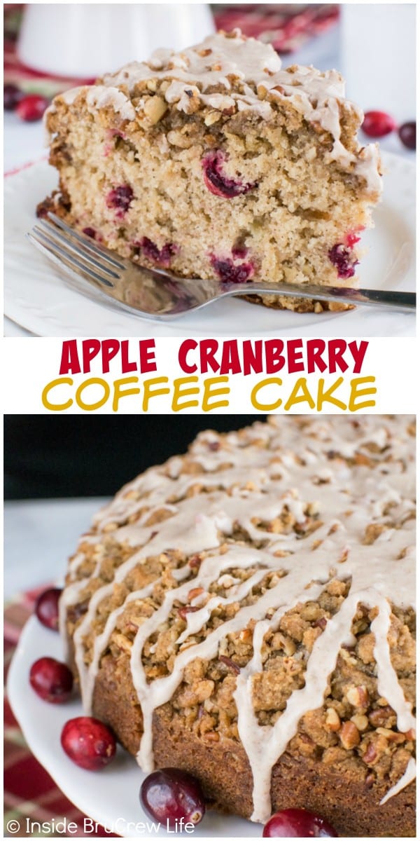 Crumble topping with glaze adds a fun texture to this Apple Cranberry Coffee Cake. It is a great breakfast cake for busy mornings. 