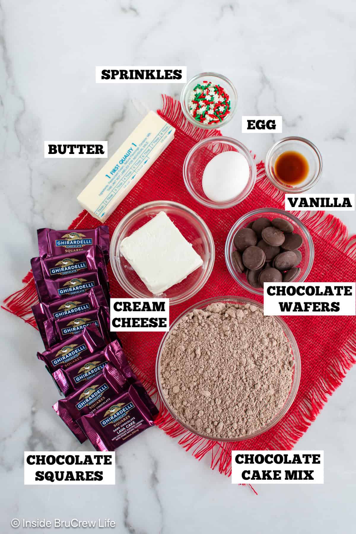 Chocolate Christmas cookies ingredients with text labels by each one.